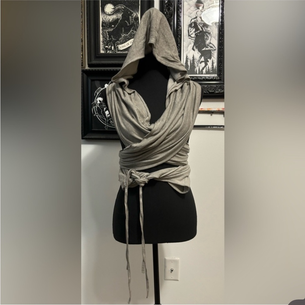 Grey hooded wrap top with tie detail